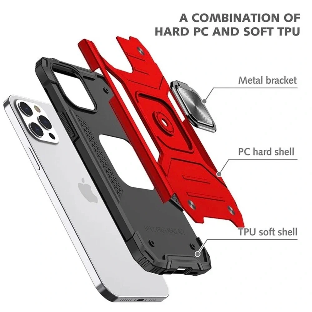 iPhone 13 Pro Max Case Red Rugged Heavy Duty Magnetic Ring Kickstand Shockproof